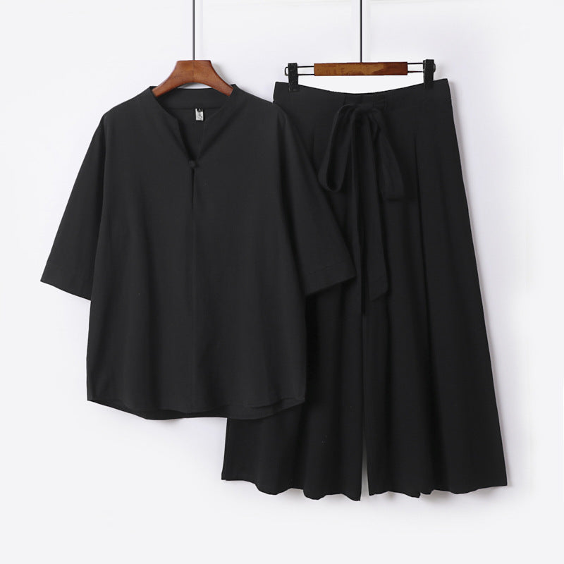 Women's Casual Linen-Viscose Lounge Set with Stand Collar Top and Wide Palazzo Pants