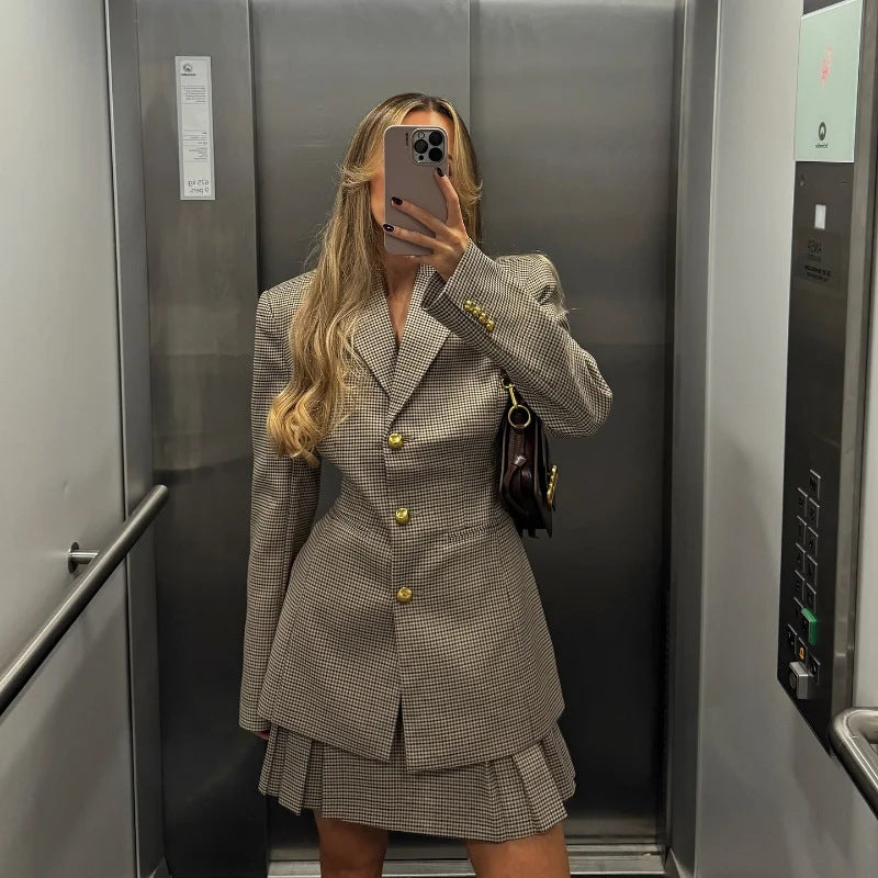Women's Elegant Plaid Blazer and Skirt Set