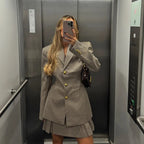 Women's Elegant Plaid Blazer and Skirt Set