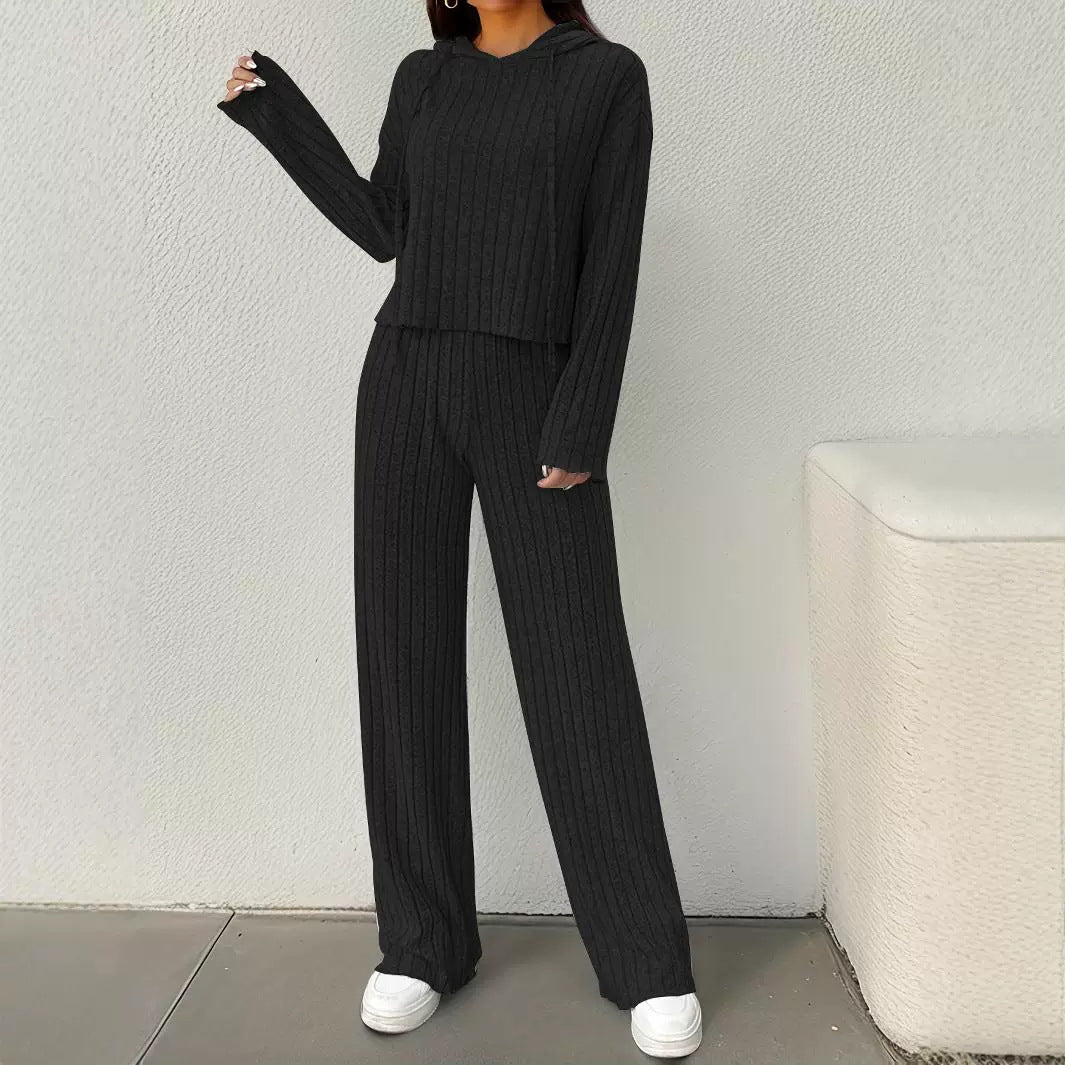 Women's Casual Knit Lounge Set with Hood and Wide Cut