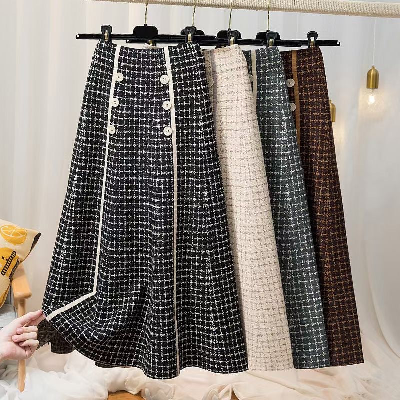 Women's Plaid Midi Skirt with Button Details