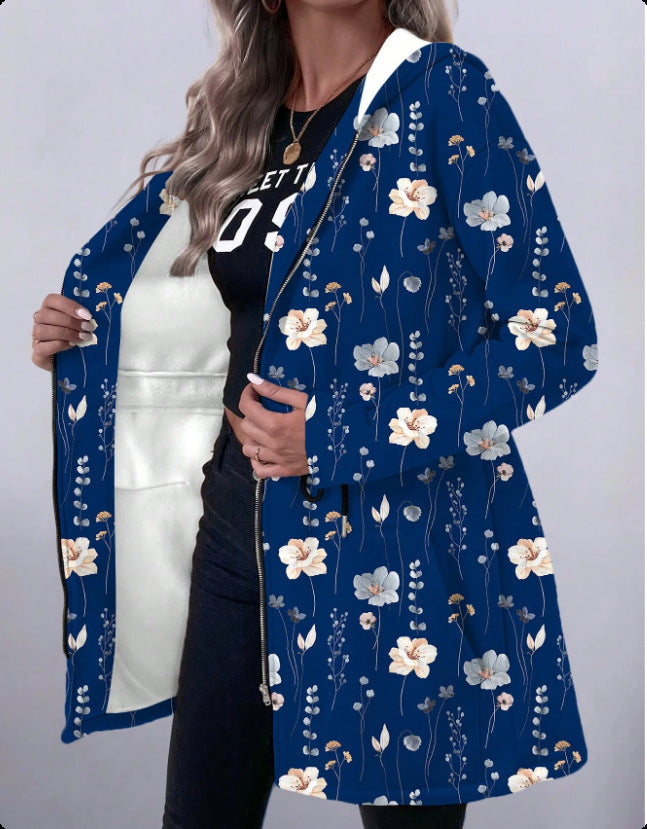 Women's Floral Print Coat with Hood and Full-Length Zipper