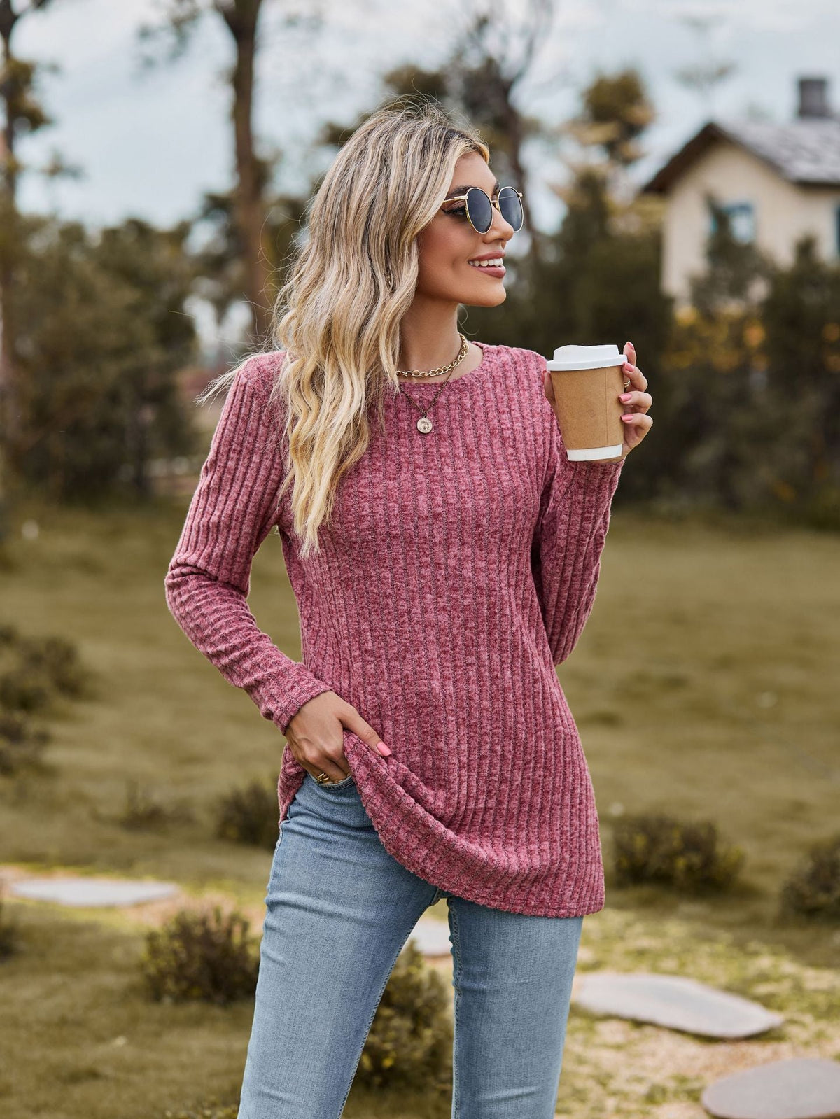 Women's Fine Knit Sweater with Ribbed Design and Relaxed Fit