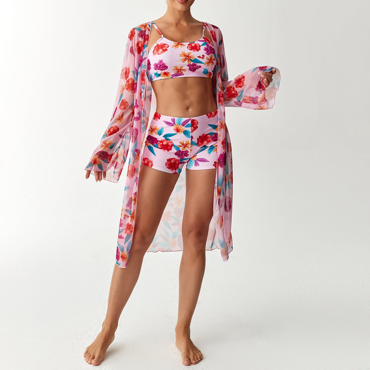 Women's Swim Set with Floral Top and Sheer Beach Cover-Up