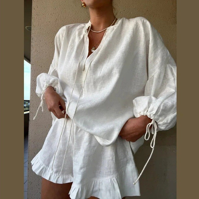 Women's Blouse Set with Elegant Ruffle Hem and Loose Fit