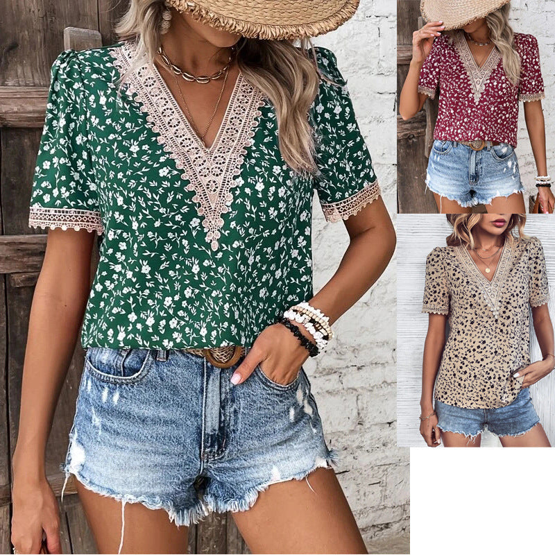 Women's V-Neck Blouse with Delicate Lace Accents