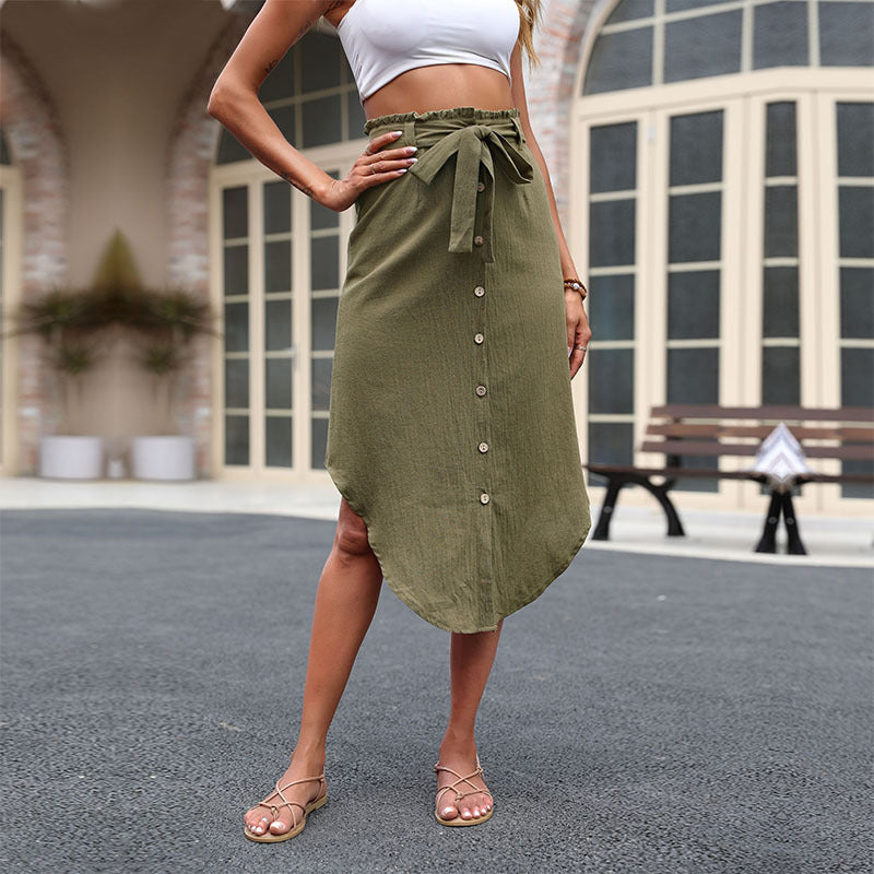Women's Midi Skirt with Tie Belt and Button Details