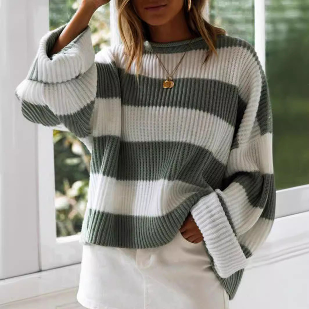 Women's Striped Knit Sweater with Wide Fit