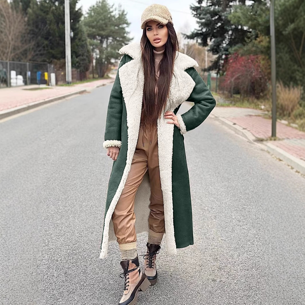 Women's Long Fleece Coat with Fold-Down Collar