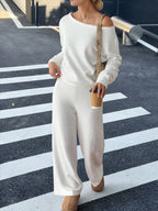 Women's Cozy Bouclé Lounge Set with One-Shoulder Crop Pullover and High-Waist Palazzo Pants