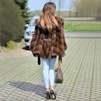 Women's Elegant Faux Fur Cape with Voluminous Hooded Collar and Belt