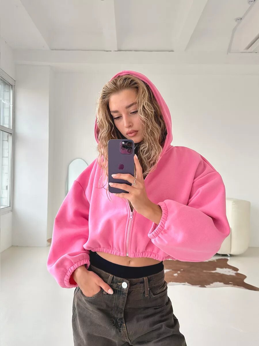 Women's Cropped Hoodie with Oversized Sleeves
