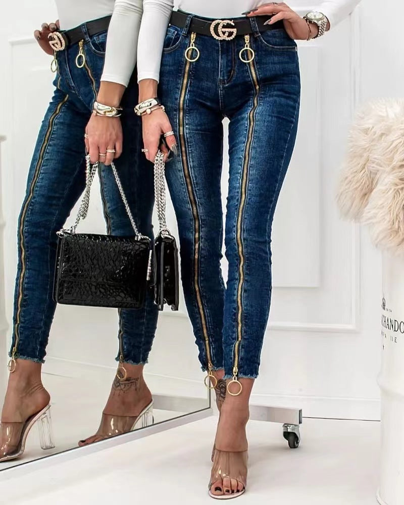 Women's High-Waist Jeans with Side Zipper and Ring Details