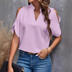 Women's Blouse with Cut-Out Sleeves and Elegant Stand-Up Collar