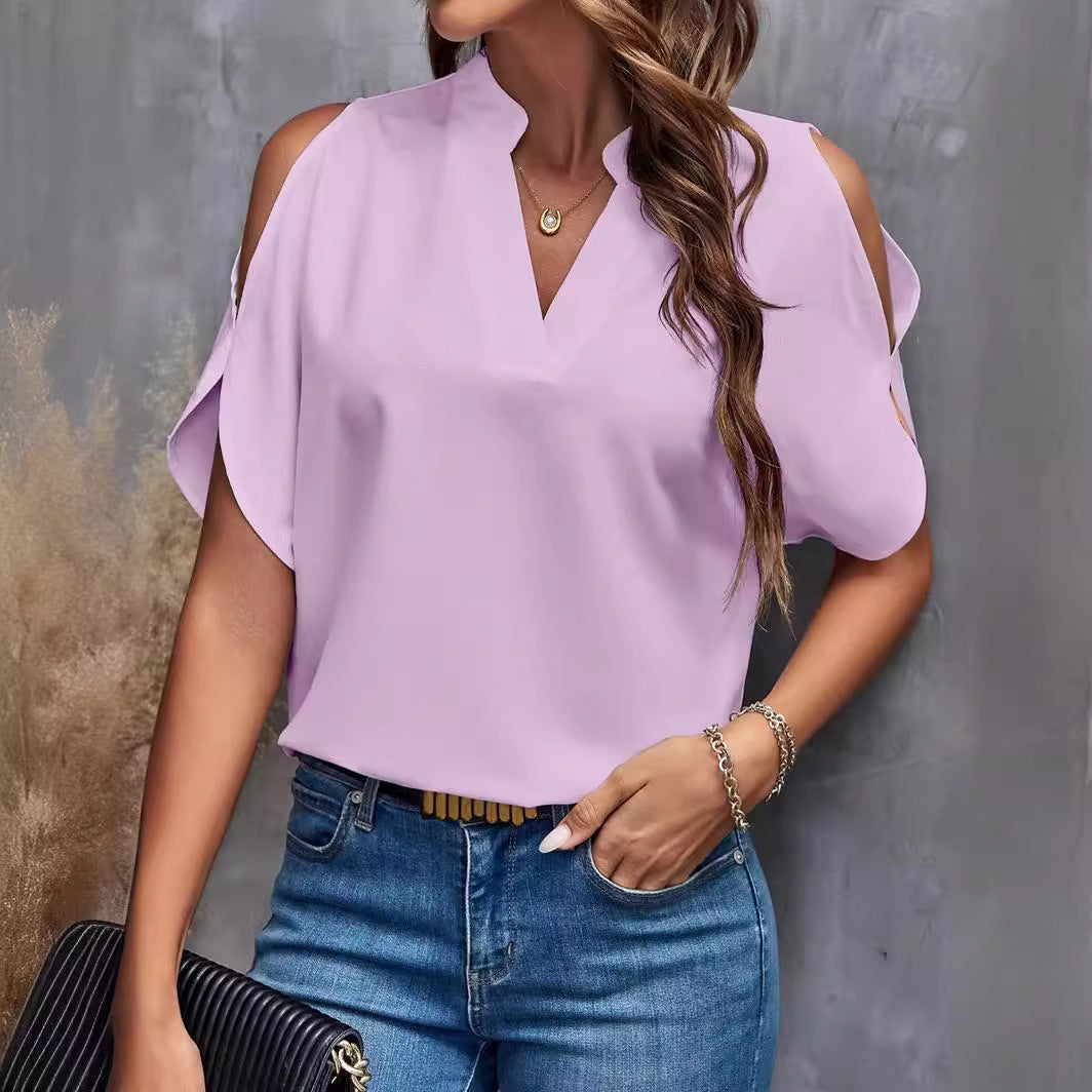 Women's Blouse with Cut-Out Sleeves and Elegant Stand-Up Collar