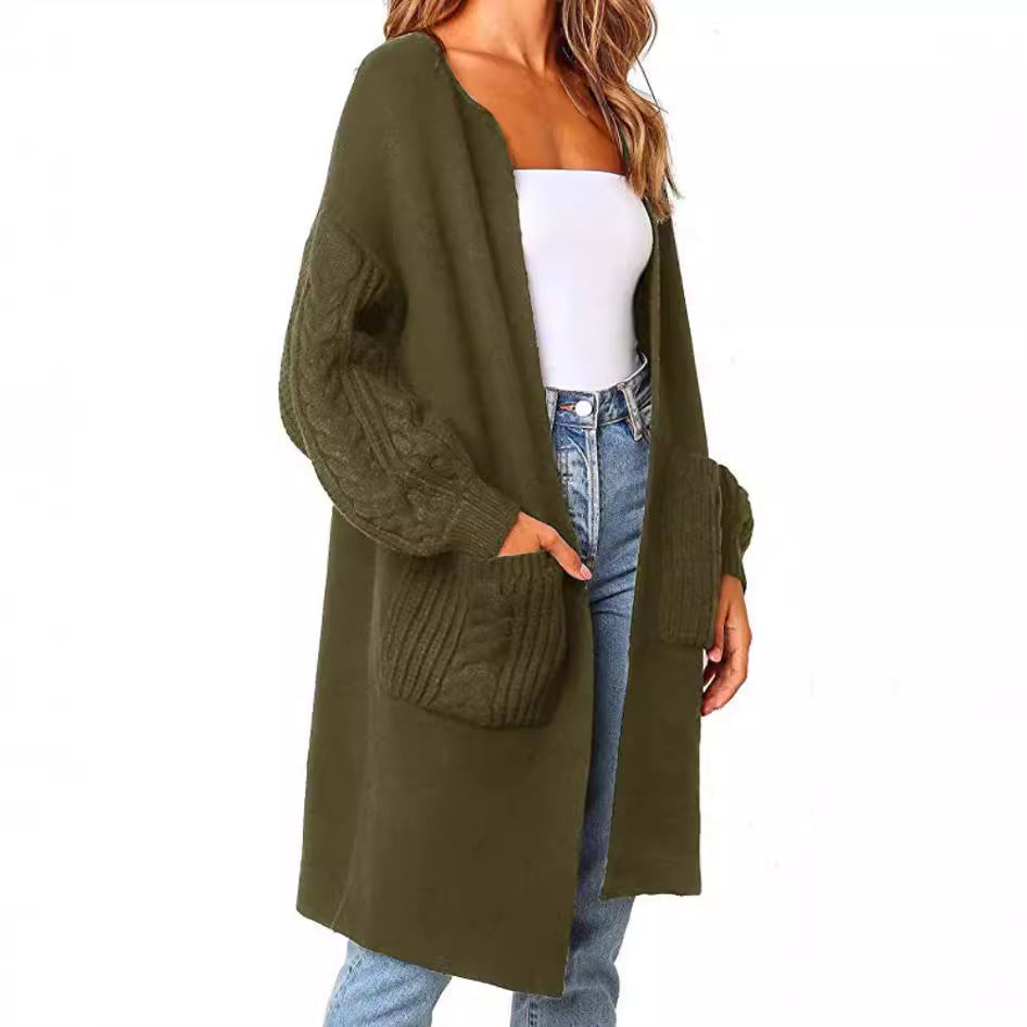 Women's Large Knit Cardigan with Voluminous Sleeves and Practical Pockets