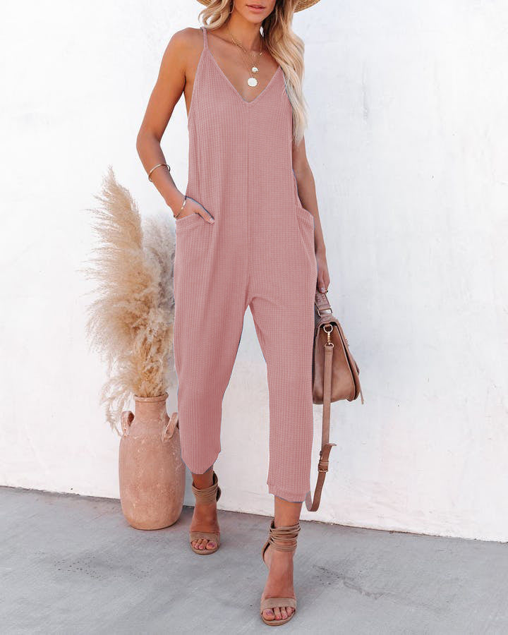 Women's Casual Jumpsuit with Deep V-Neck and Side Pockets