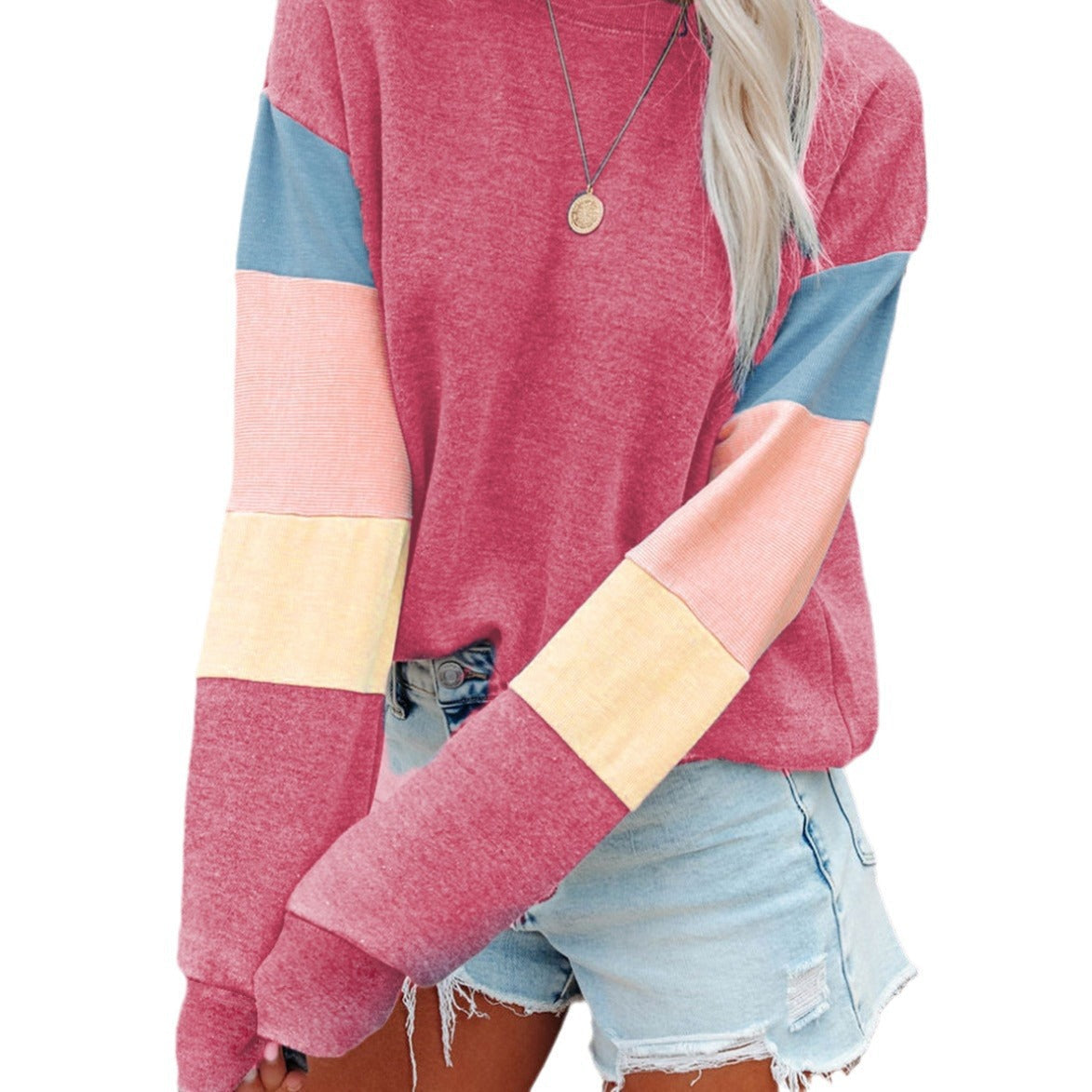 Women's Casual Pullover with Colorful Sleeve Design