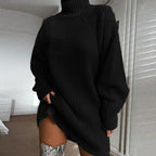 Women's Chunky Knit Sweater with High Collar and Asymmetrical Hem
