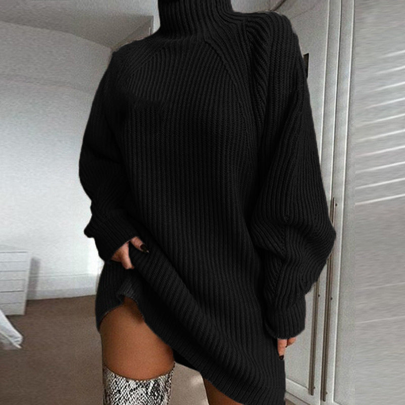 Women's Chunky Knit Sweater with High Collar and Asymmetrical Hem