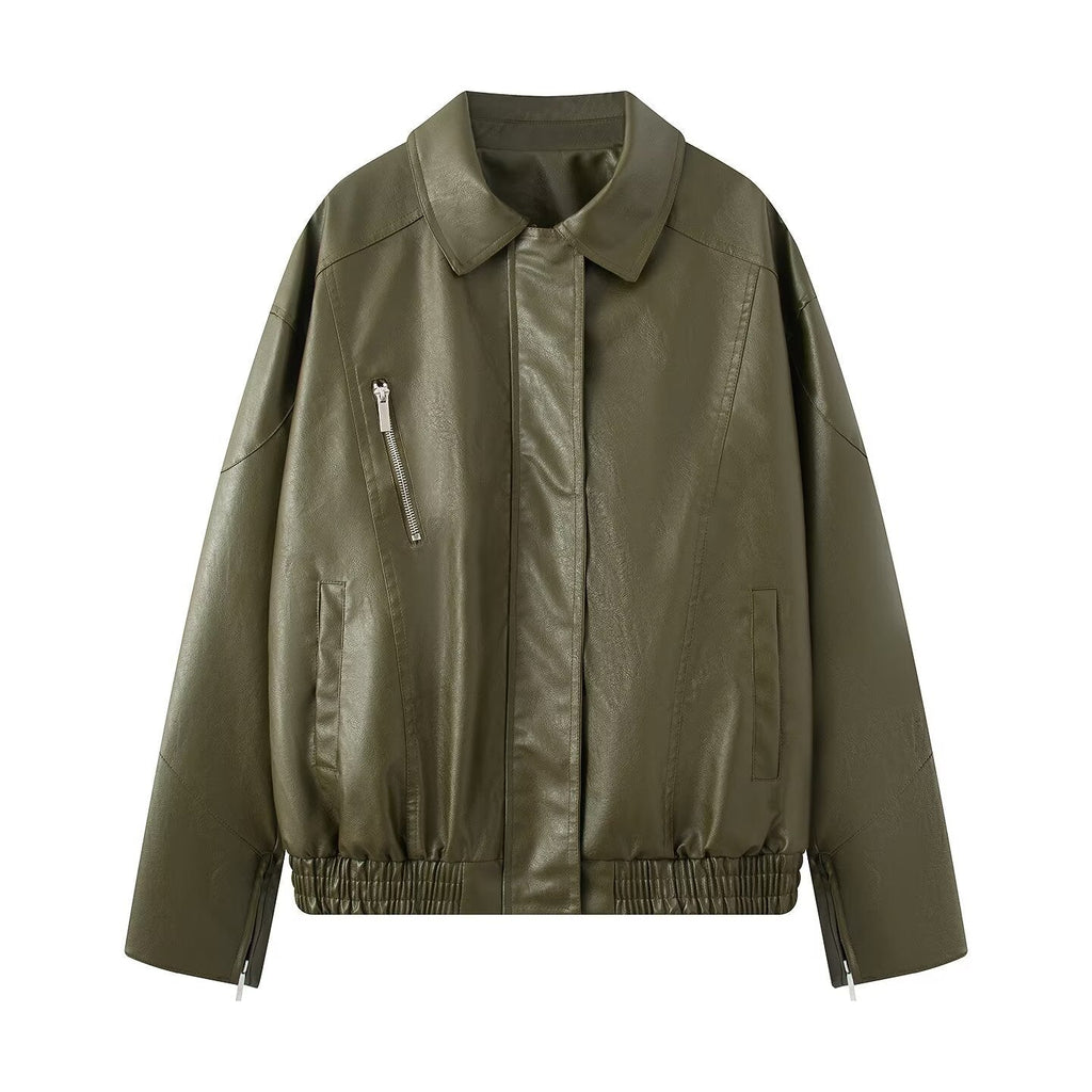 Women's Elegant Faux Leather Jacket with Practical Zipper Pockets