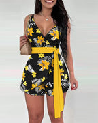 Women's Casual Wrap Jumpsuit with Pattern and Waist Belt