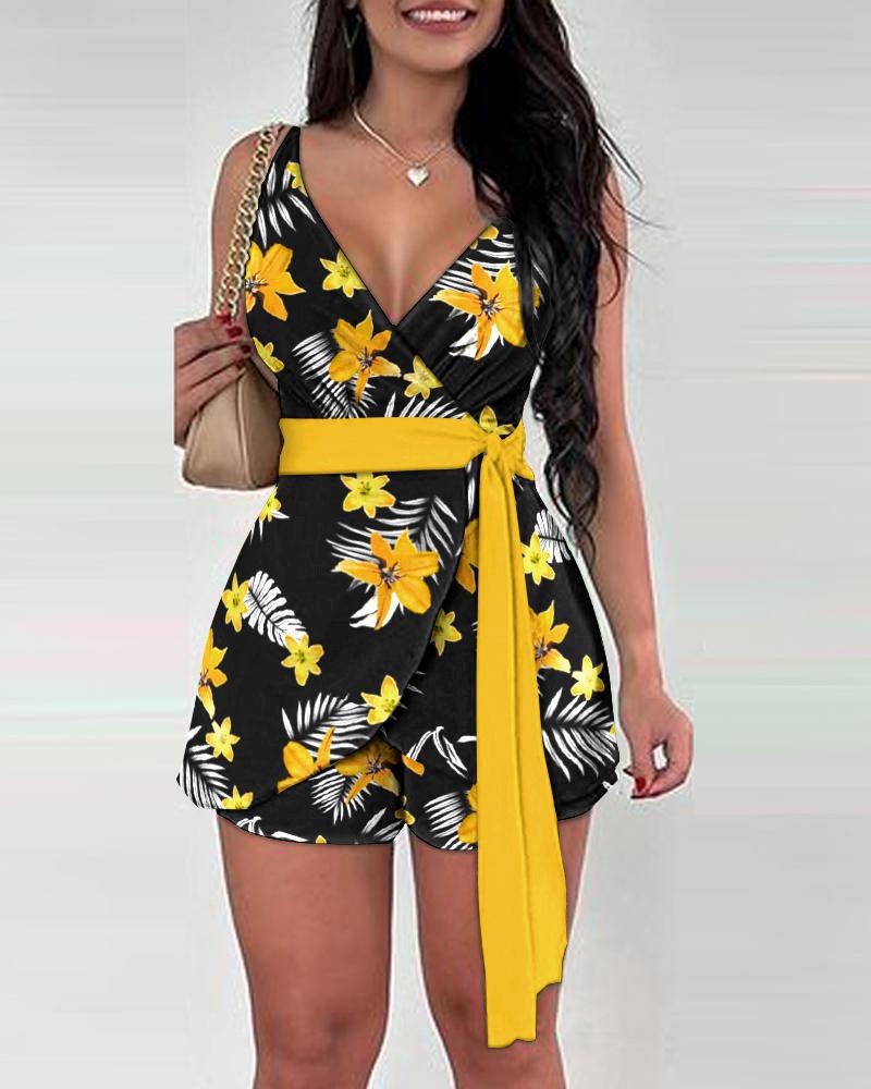 Women's Casual Wrap Jumpsuit with Pattern and Waist Belt