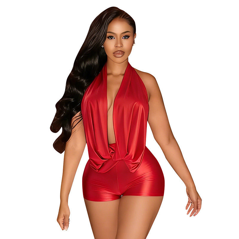 Women's V-Neck Jumpsuit with Tie Detail
