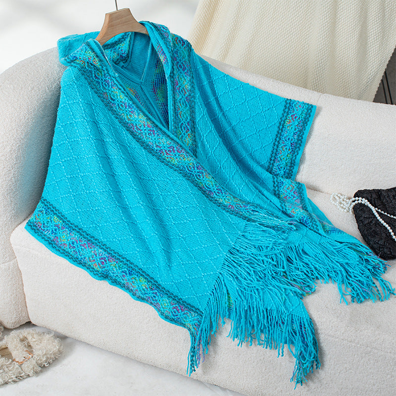 Elegant Women's Poncho with Textured Design and Fringe