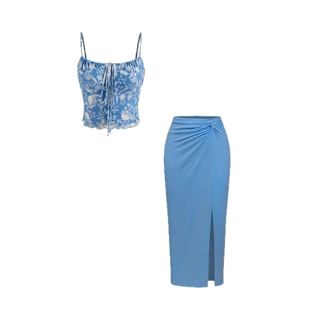 Women's Fashionable Crop Top and Figure-Hugging Midi Skirt Set