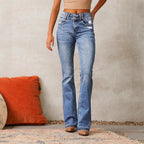 Women's Flared Jeans with High Waist and Distressed Details