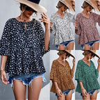 Women's Casual Blouse with Voluminous Sleeves and Polka Dot Pattern