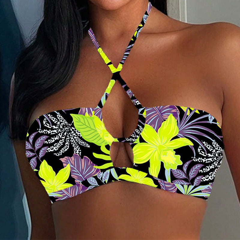 Women's Bandeau Bikini with Creative Straps and Floral Design