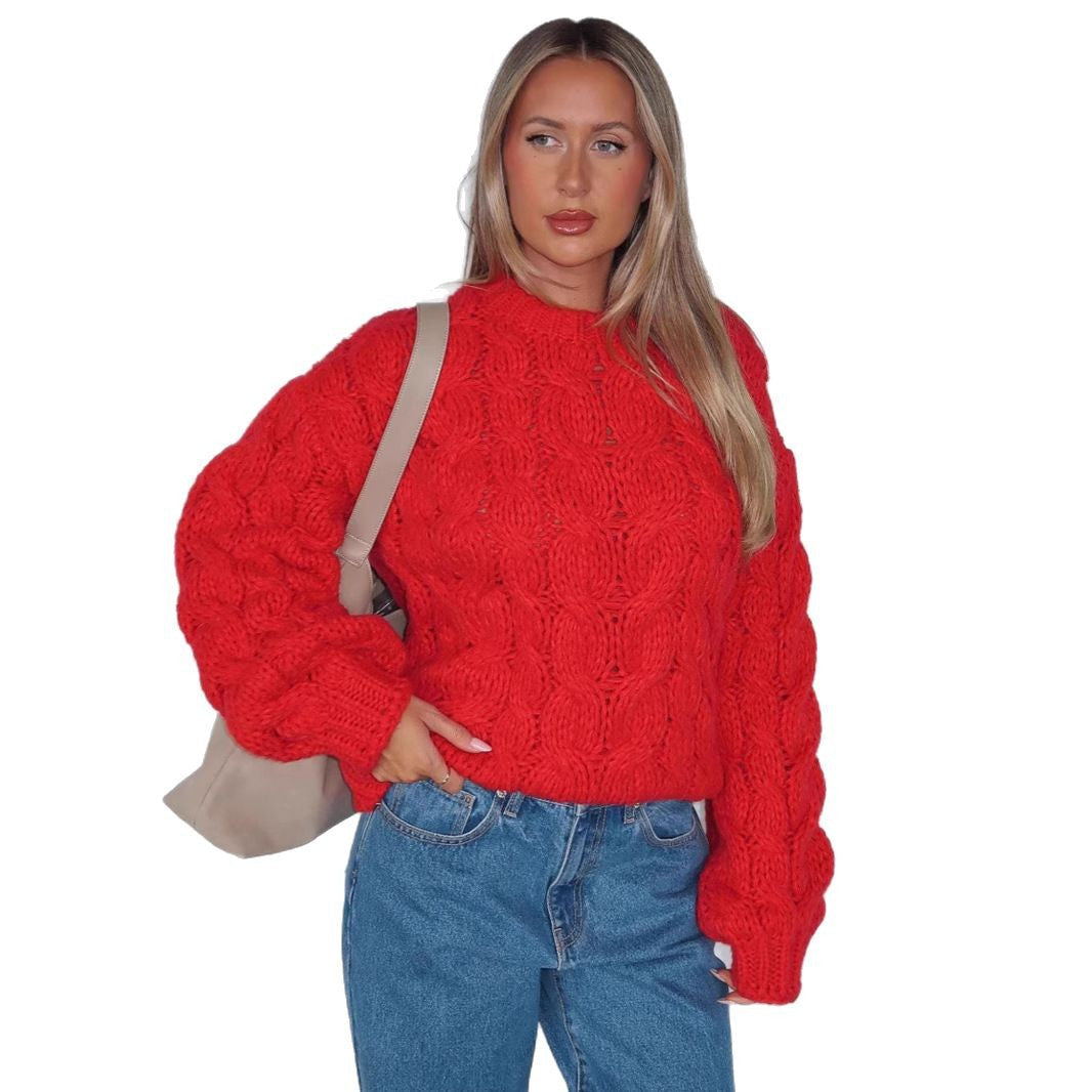 Women's Chunky Knit Sweater with Modern Cable Pattern and Casual Cut
