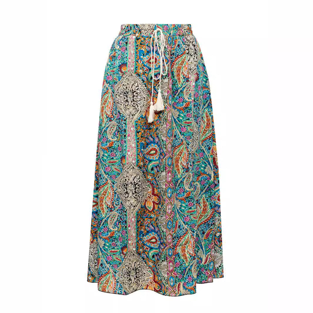 Women's Maxi Skirt with Contrasting Patterns and Elastic Waistband