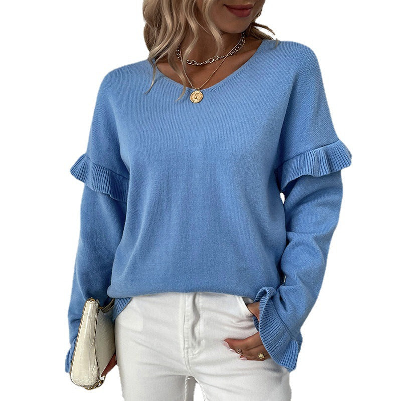 Women's Elegant Sweater with Ruffle Details and V-Neck