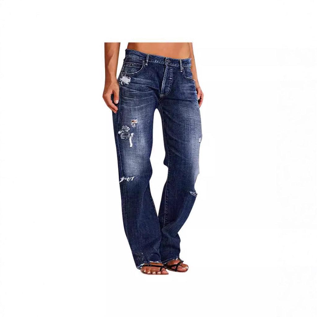 Women's Destroyed Wide-Leg Jeans with Casual Fit