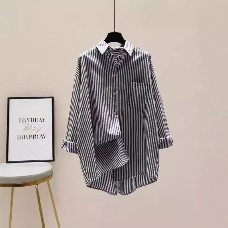 Women's Striped Oversized Shirt with Longer Back and Practical Chest Pocket
