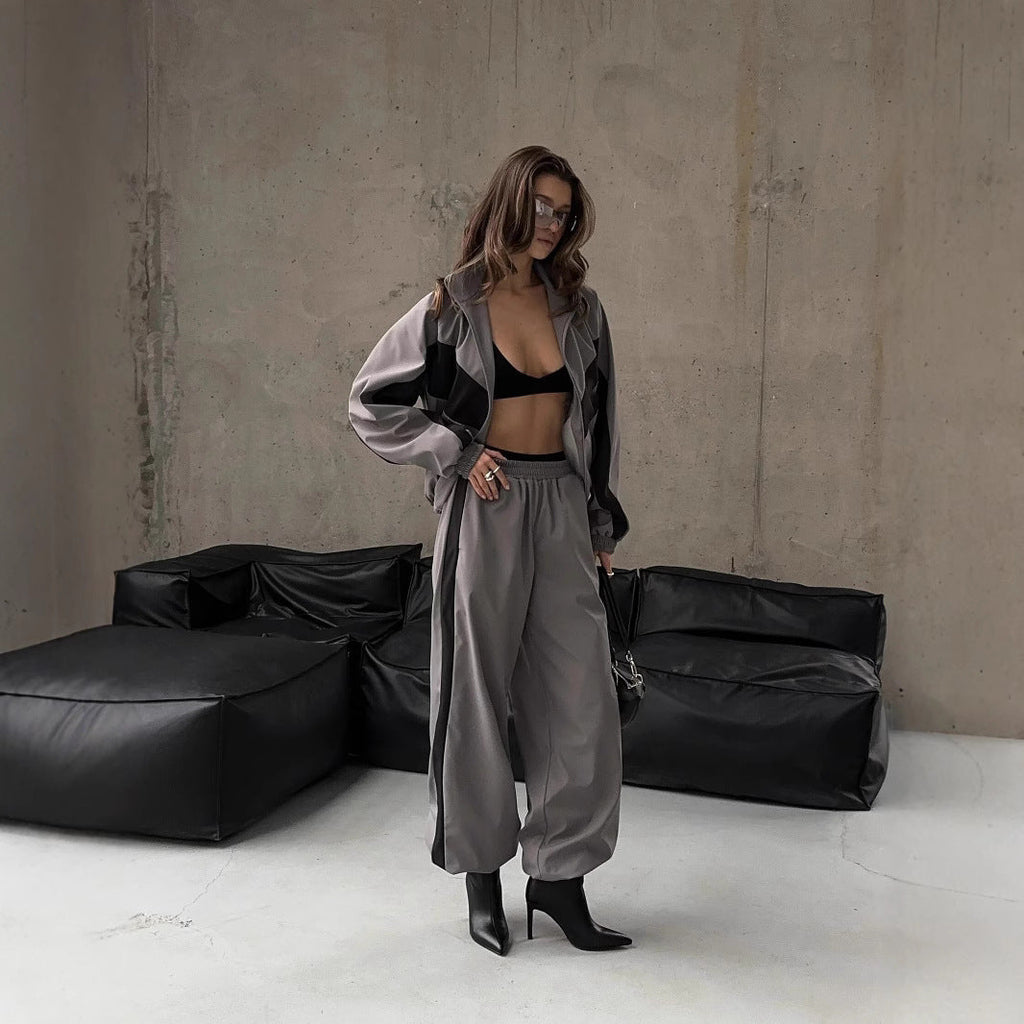 Women's Sporty Two-Piece Set with Track Jacket and Wide Pleated Pants