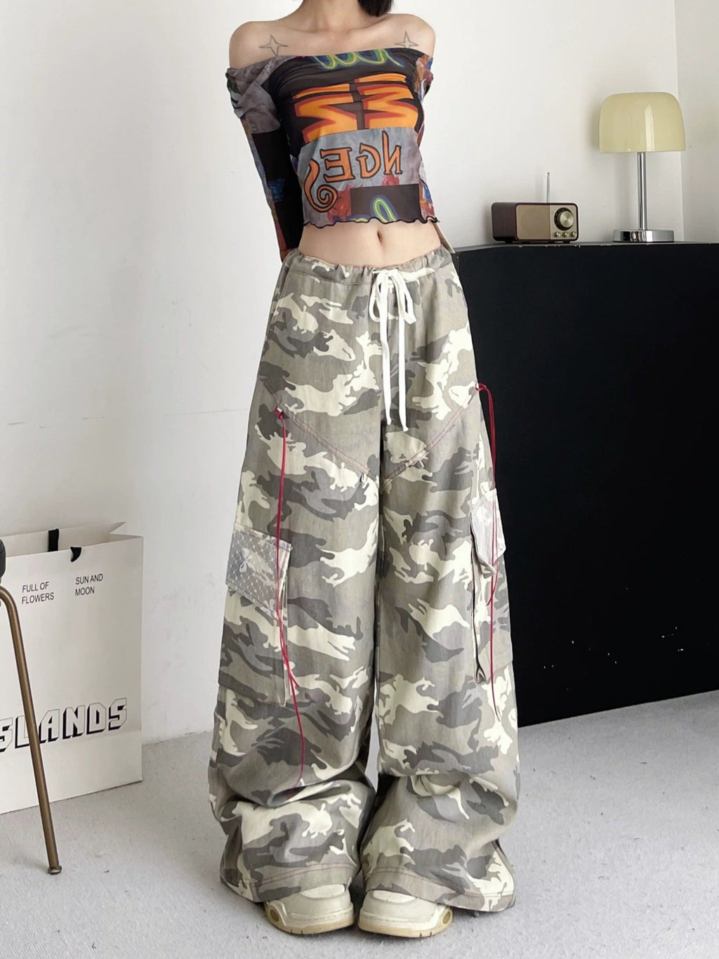 Women's Oversized Cargo Pants with Camouflage Design