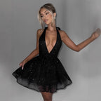 Women's Sleeveless Mini Dress with Deep V-Neck and Sparkling Glitter