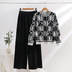 Women's Casual Knit Loungewear Set with Graphic Pattern and Wide Cut