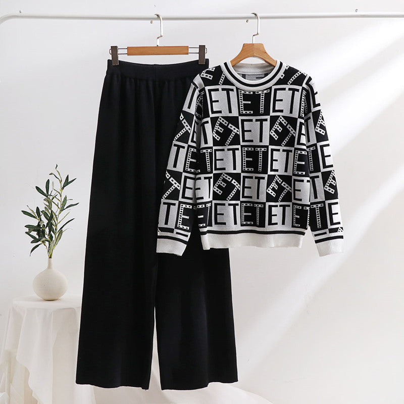 Women's Casual Knit Loungewear Set with Graphic Pattern and Wide Cut