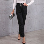 Women's Elegant High-Waist Trousers with Tie Belt and Wide Leg