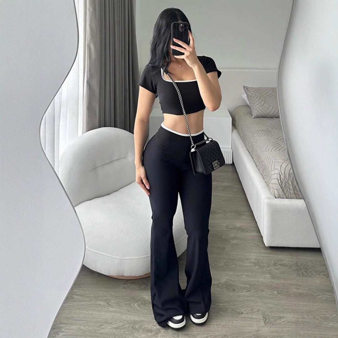 Women's Fashionable Crop Top with Tailored Cut and Wide Trousers