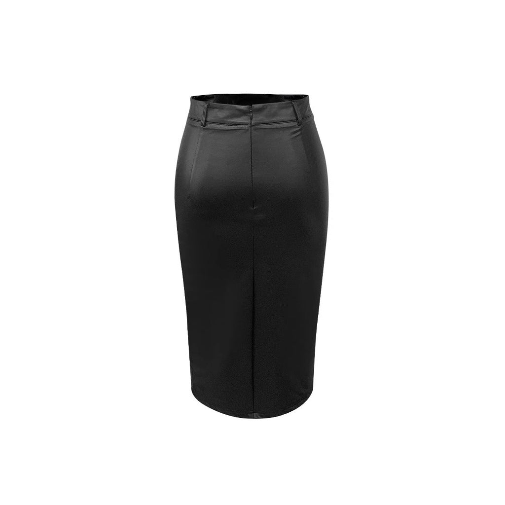 Women's Figure-Hugging Faux Leather Skirt with High Slit and Belt