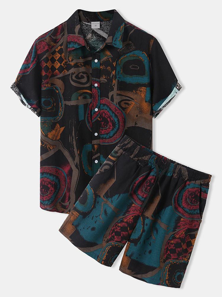 Women's Short-Sleeve Vacation Shirt with Colorful Pattern and Comfortable Shorts