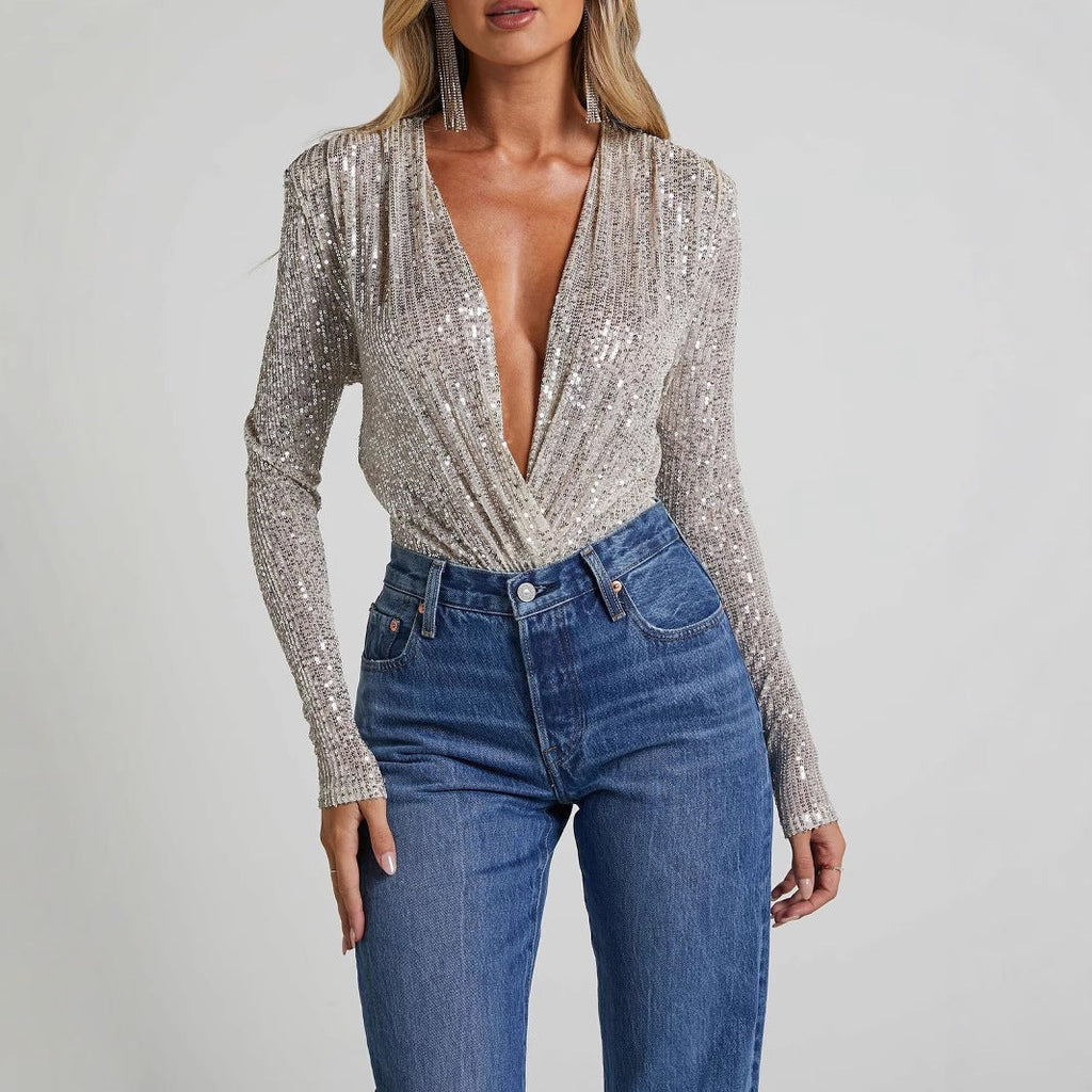 Women's Glittering Overall with Deep V-Neck and Long Sleeves