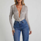 Women's Glittering Overall with Deep V-Neck and Long Sleeves