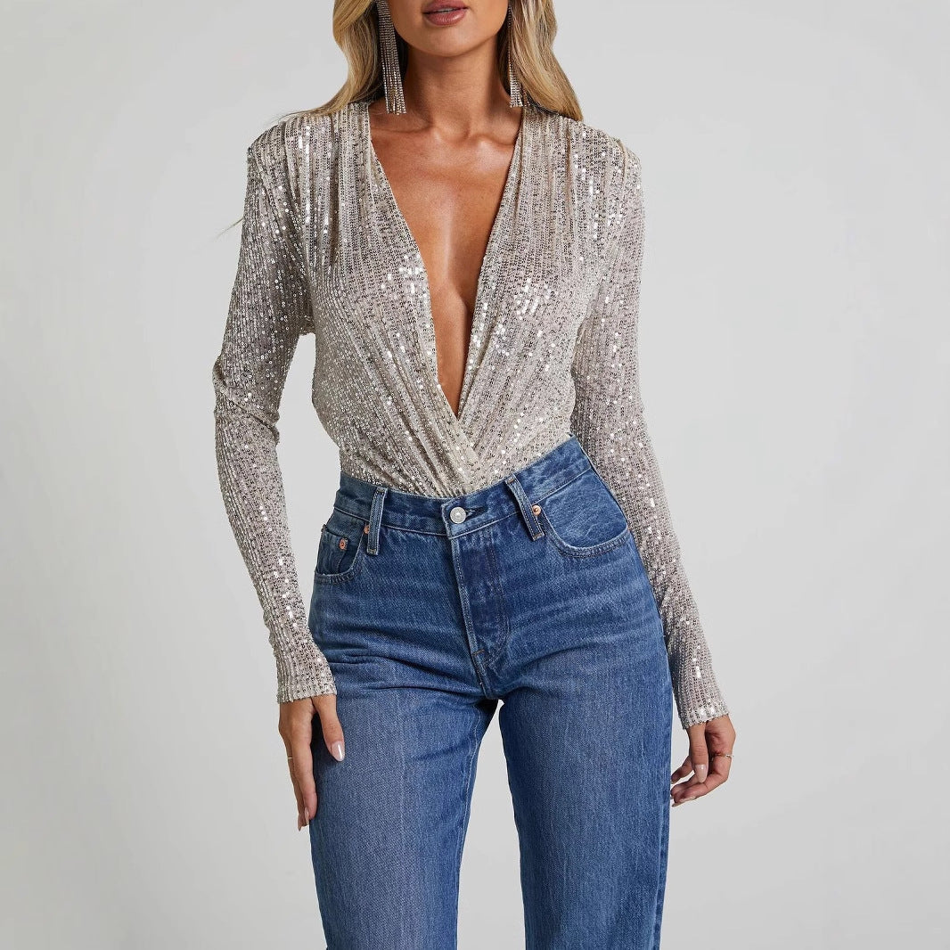 Women's Glittering Overall with Deep V-Neck and Long Sleeves